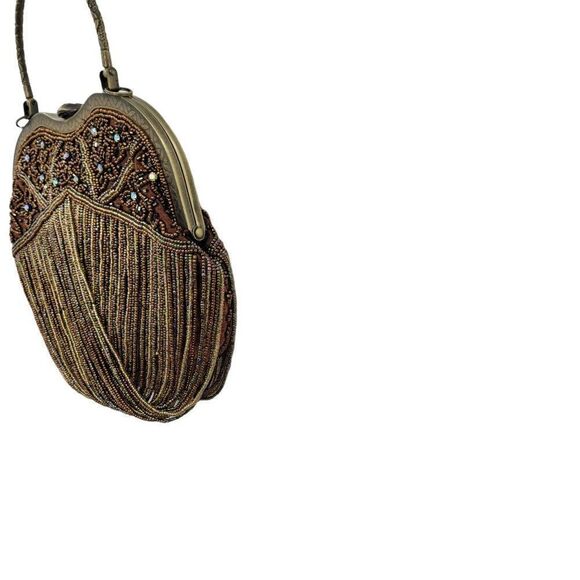 Vtg Baguette Formal Beaded Fringe Framed Kiss Closure Top Handle Bronze - Picture 7 of 11